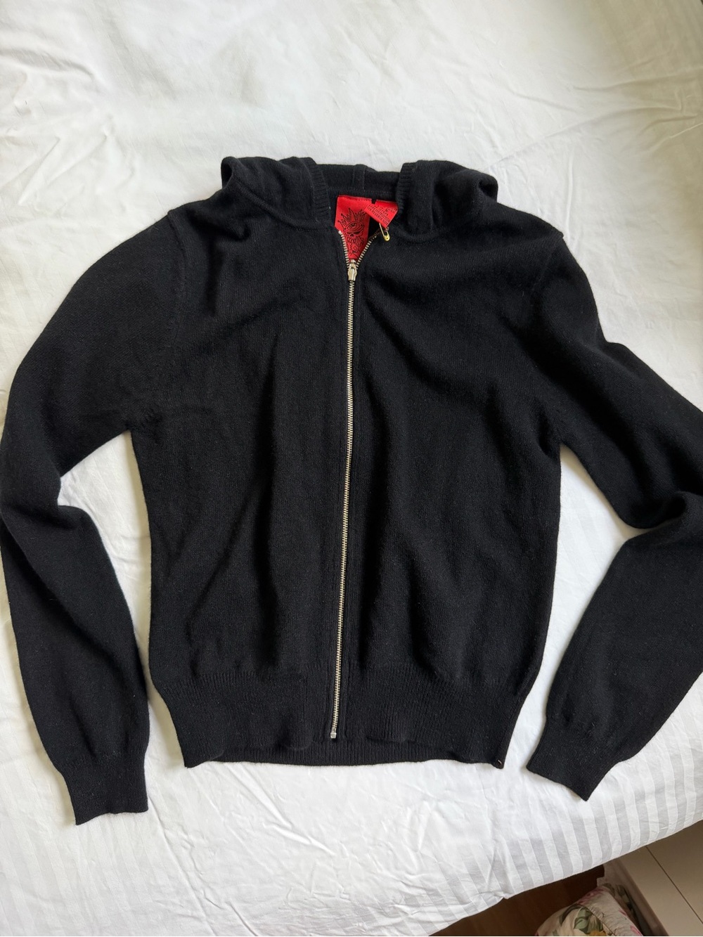 Amal Guessous 100% Cashmere Zip Sweater with Studded Cross Design
